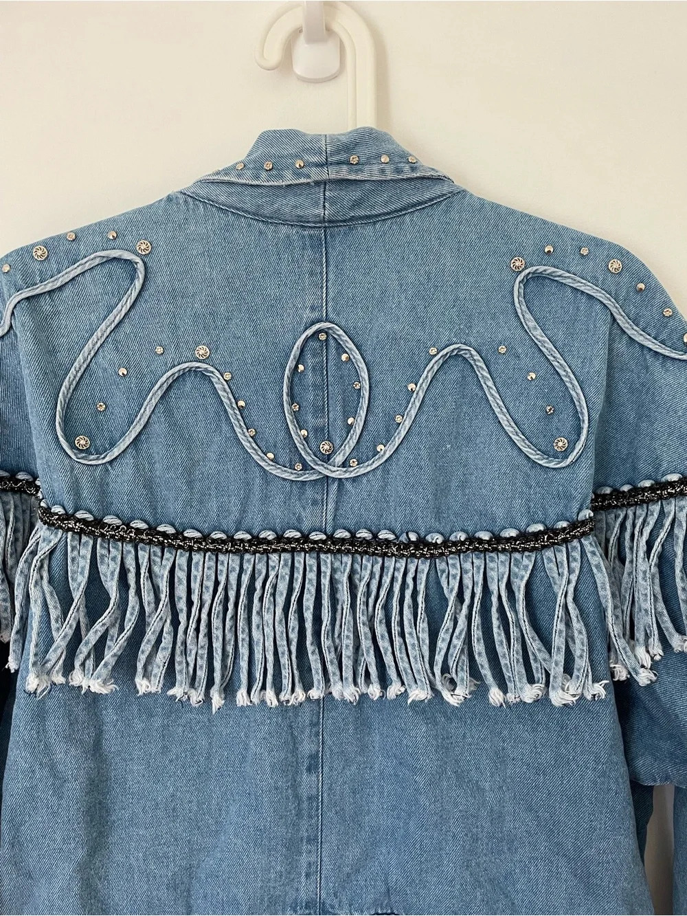 Vintage cache western fringe rhinestone denim jacket size M - Picture 5 of 10